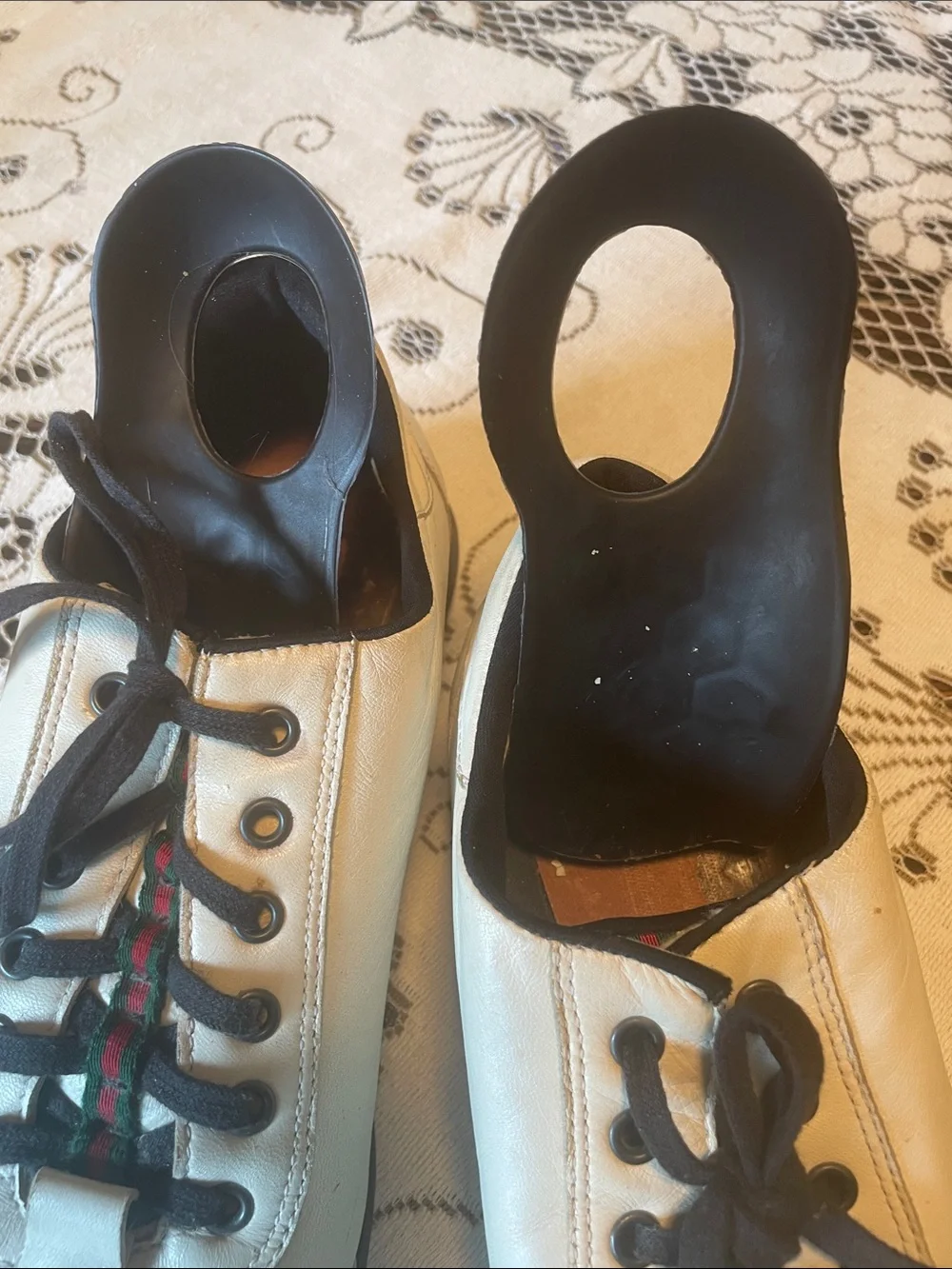 Gucci Vintage Unisex White Leather Lace-Up Sneakers Black Trim Signature Web